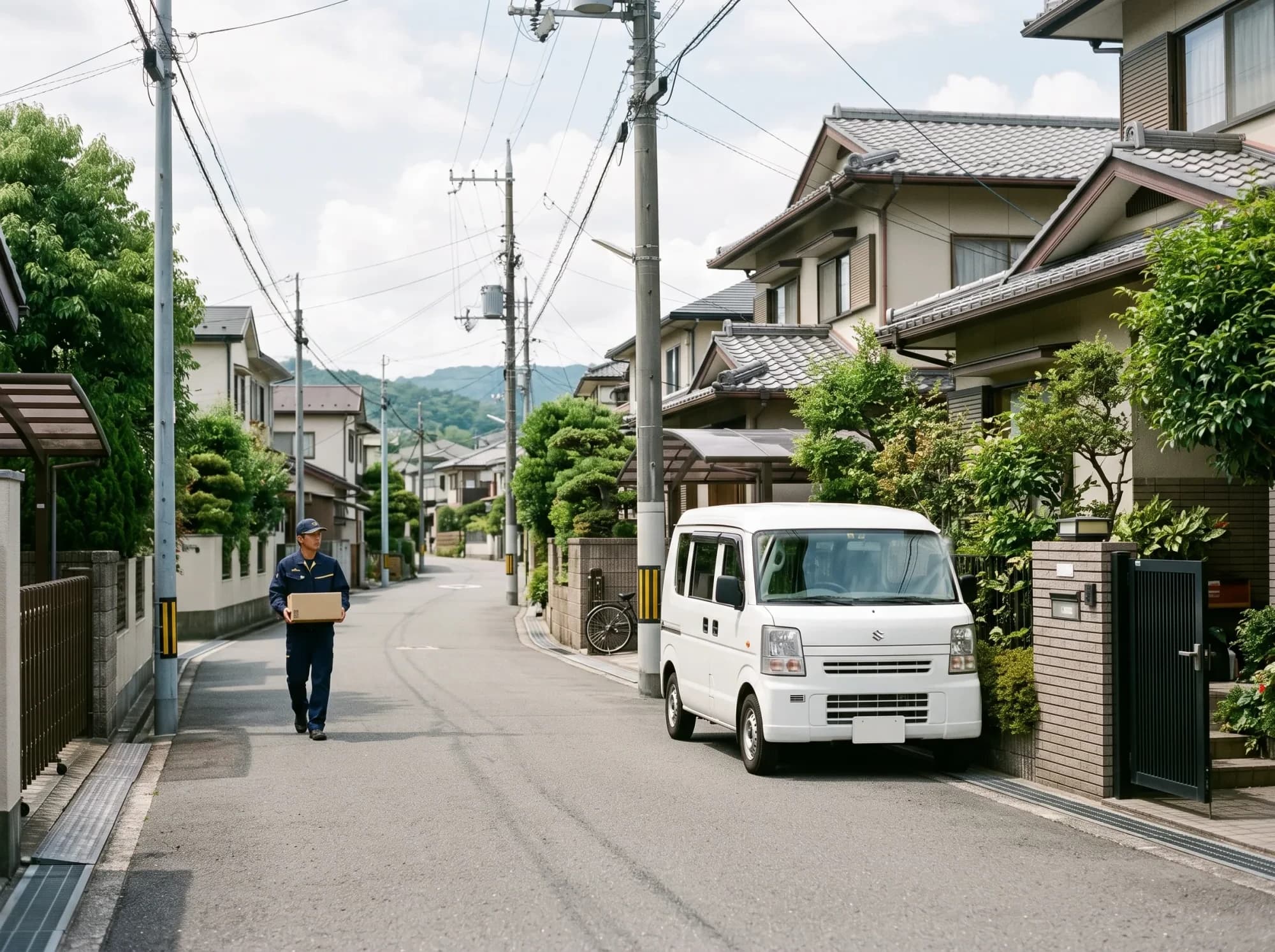 住宅街の白い軽バンと配送スタッフ