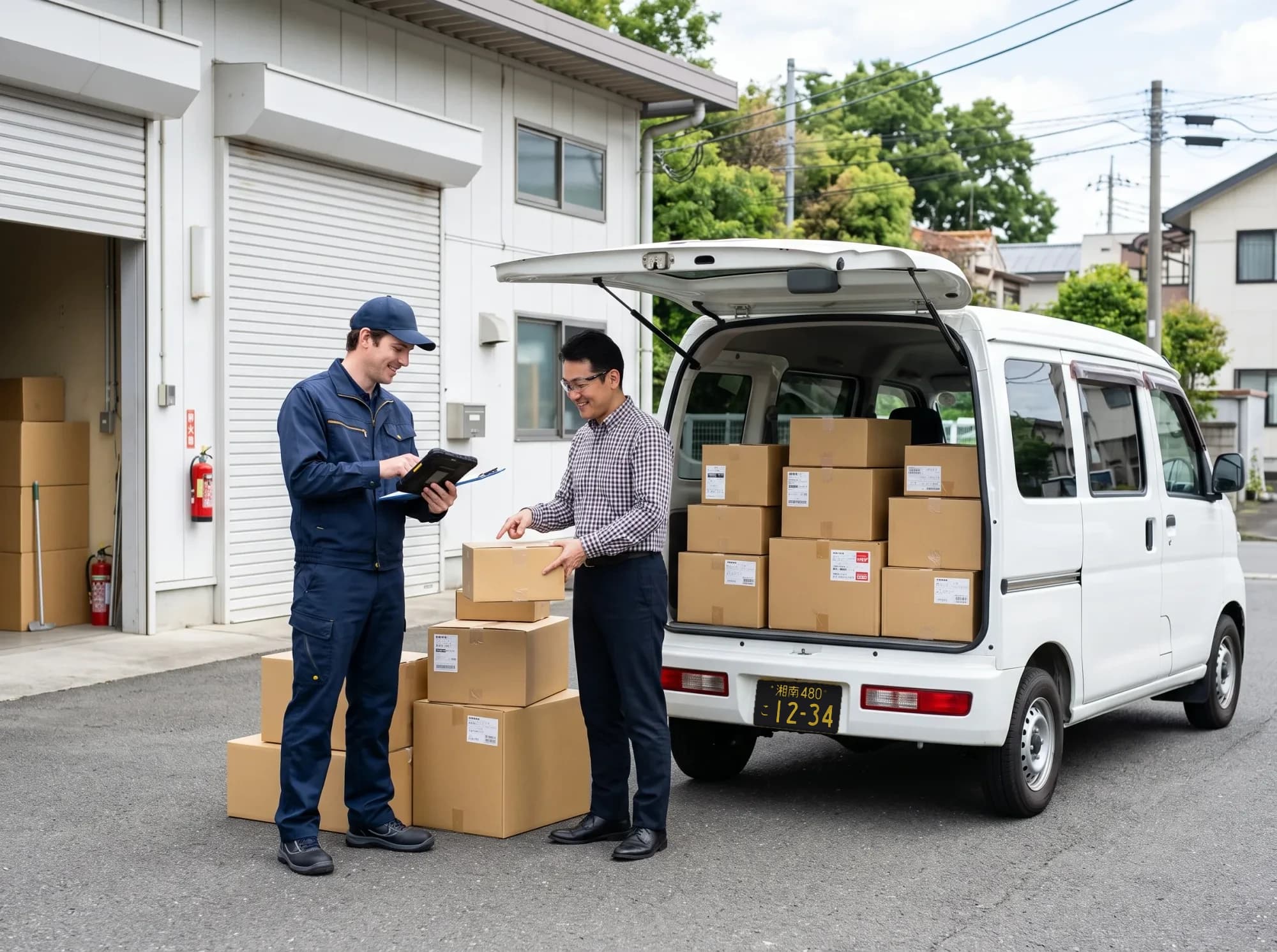 企業の担当者と荷物を確認する配送員